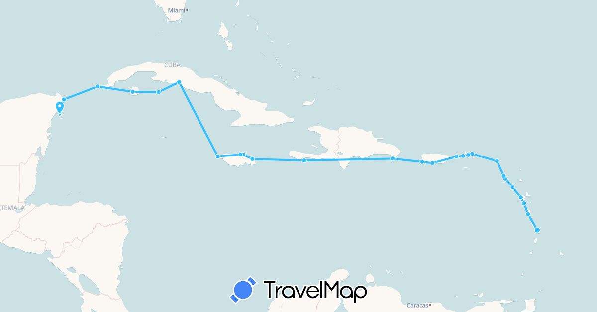 TravelMap itinerary: driving, boat in Cuba, Dominica, Dominican Republic, Guadeloupe, Haiti, Jamaica, Saint Kitts and Nevis, Saint Martin, Martinique, Montserrat, Mexico, United States, British Virgin Islands, U.S. Virgin Islands (North America)